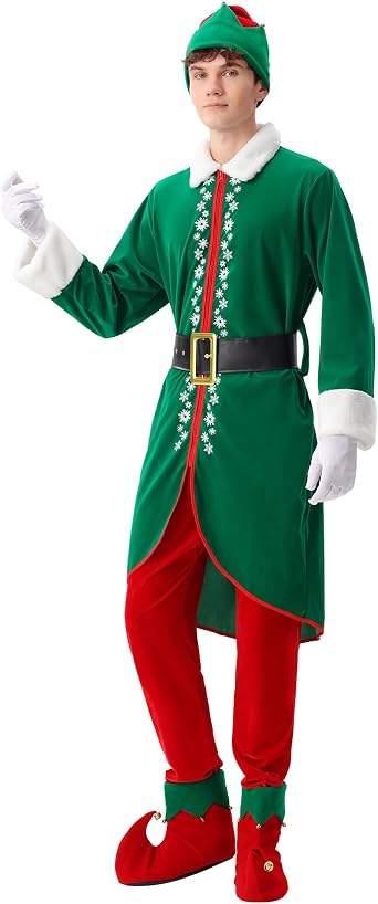 ADOMI 6 PCS Elf Costume Men Christmas Outfit Adult Santa Helper Suit
