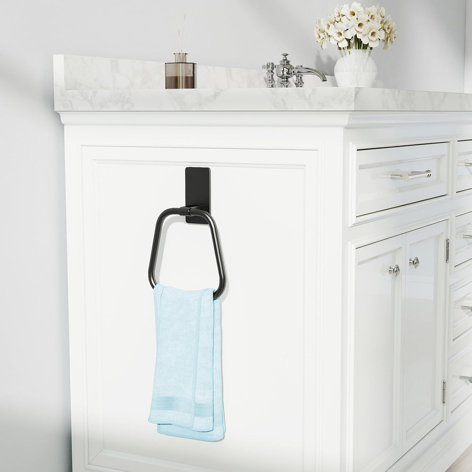 JUYSON Towel Ring, Hand Towel Holder for Bathroom, Adhesive Hand Towel Holder, Adhesive Towel Racks, Wall Mount Towel Hanger for Bathroom, Kitchen, NO Drill Easy to Install(Matte Black)