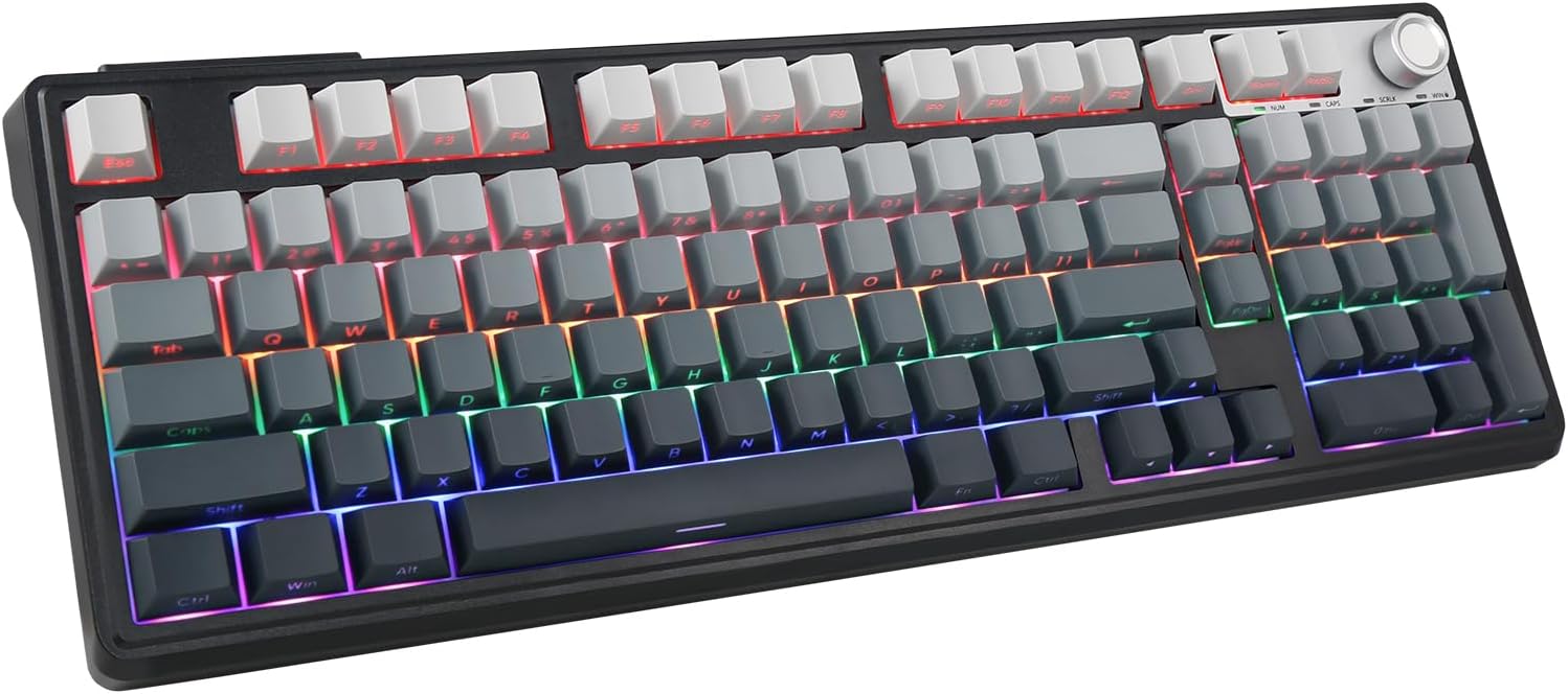 HUO JI Wireless Mechanical Gaming Keyboard with Knob, Bluetooth 5.0/2.4GHz/USB-C Wired, Hot Swappable Red Switches, Anti-Ghosting, Led Backlit Sidelit, 96% Computer Keyboard for PC Gamer (Grey)