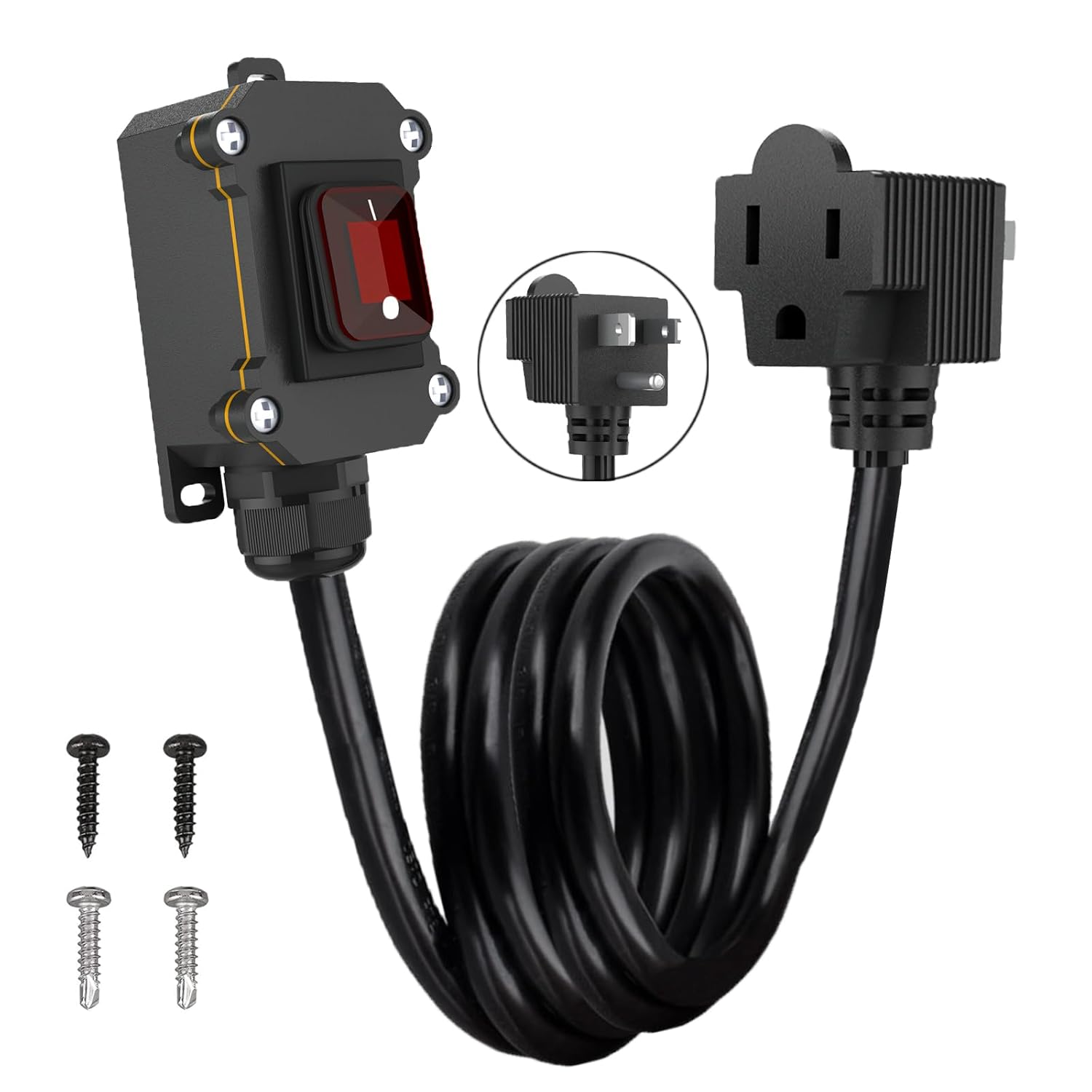 Inline Power Switch with 14AWG Cable Piggyback Plug(3-Pronged), IP67 Waterproof Extension Cord with On/Off, Heavy Duty AC/DC 20A-125V, 16A-250V Inline Cord Switch with Red LED Rocker Button