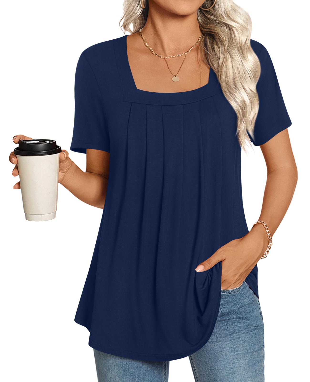 LONGYUAN Womens Tunic Tops 2025 Summer Casual Square Neck Shirts S-3XL