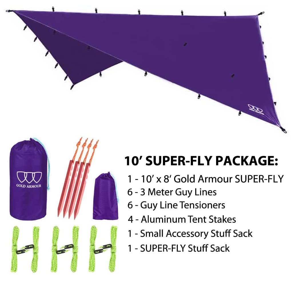Gold Armour Wodoodporna lekka płachta biwakowa 4,5 m / 3,7 m / 3 m / 2,4 m, osłona przeciwdeszczowa do hamaka, namiotu i biwakowania, akcesorium survivalowe i kempingowe, fioletowa, 3 x 2,4 m
