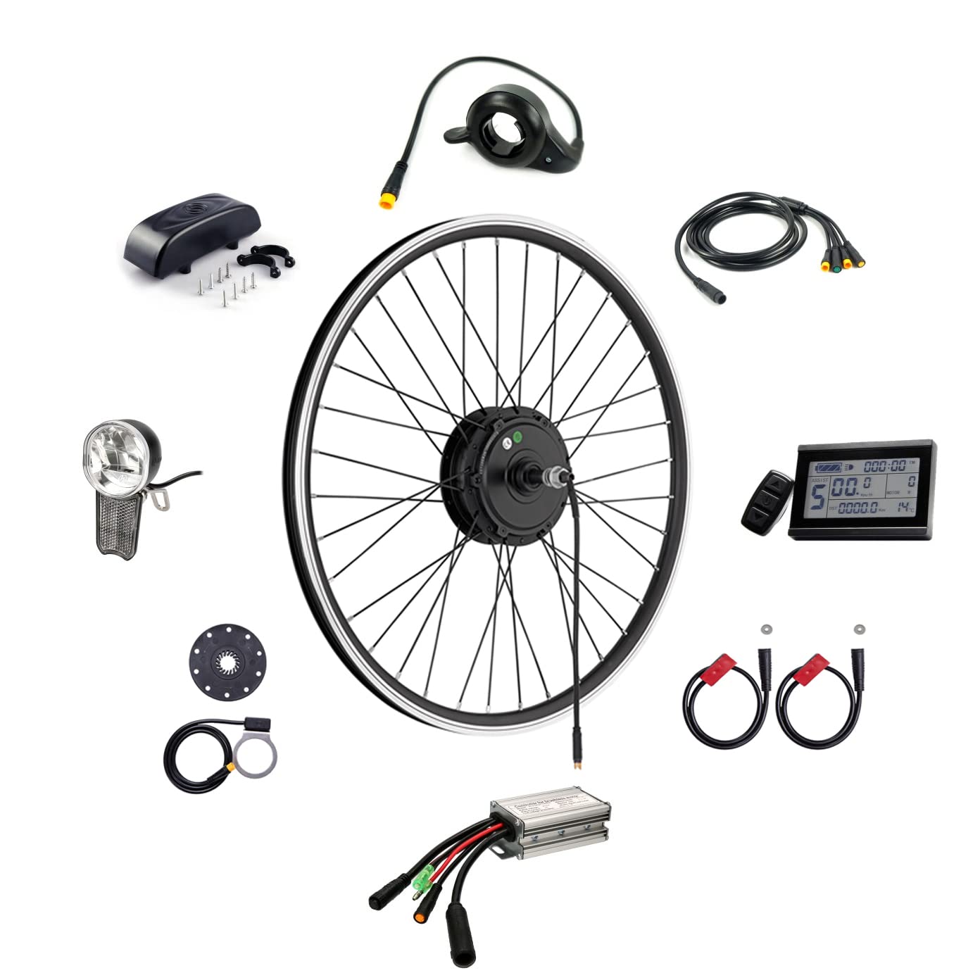 E-Bike Umbausatz, Nabenmotor Hinterrad, Schwarz, Waterproof, 26', 48V/500W, Controller, Daumengas, Display, Lichter, Bremssensor, Pedalsensor, Controller-Box, E-Bike, Pedelec