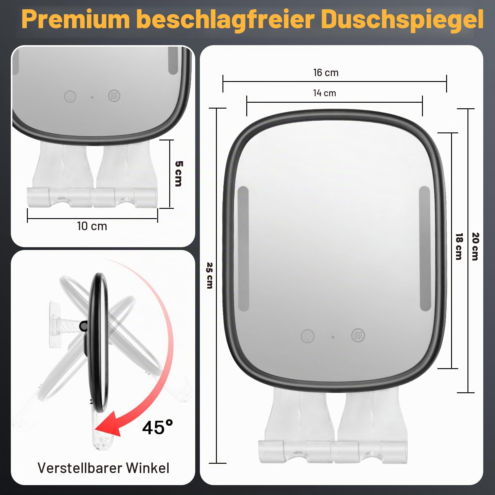 Showvigor Beheizter Duschspiegel, beschlagfrei, wiederaufladbar, beschlagfrei, ohne Bohren, verstellbare dimmbare Lichter mit 2 Rasiererhaltern und abnehmbarem Klebehaken, wasserdicht für Badezimmer
