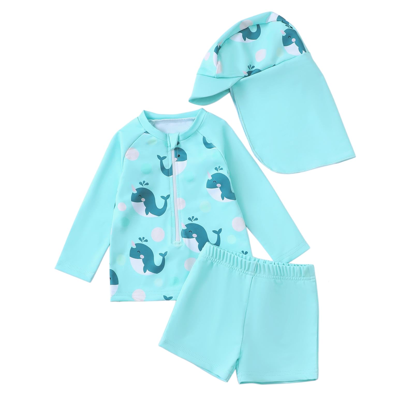 Baby N -Set für Jungen mit Dinosaurier-Print, langärmeliges Rashguard-Schwimmshirt mit Badehose Mütze für Babys Kleinkinder von 0 bis 3 Jahren, Sommer-Strand-Pool-Outfit (Mint Green1, 6-12 Months)