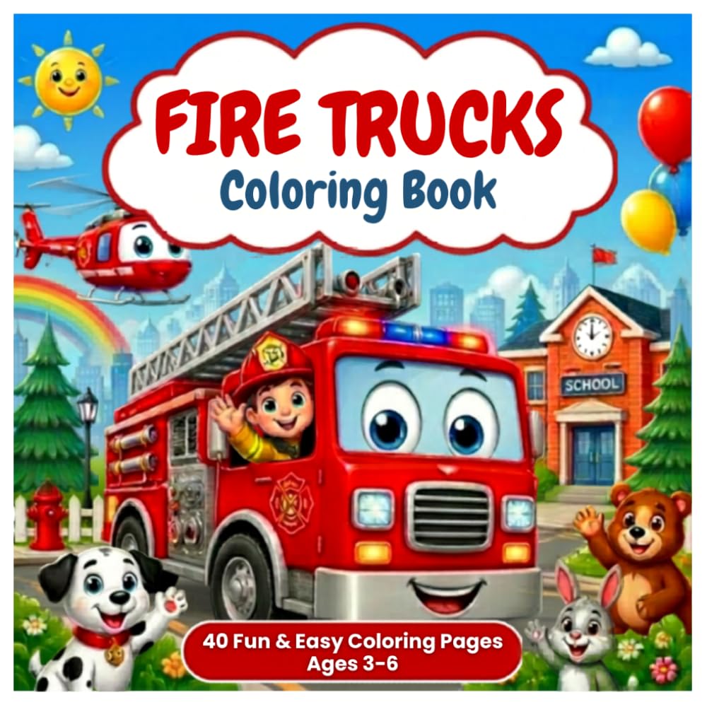 Fire Trucks Coloring Book: 40 Fun and Easy Coloring Pages with Firefighters, Rescue Vehicles and Safety Adventures for Kids Ages 3-6