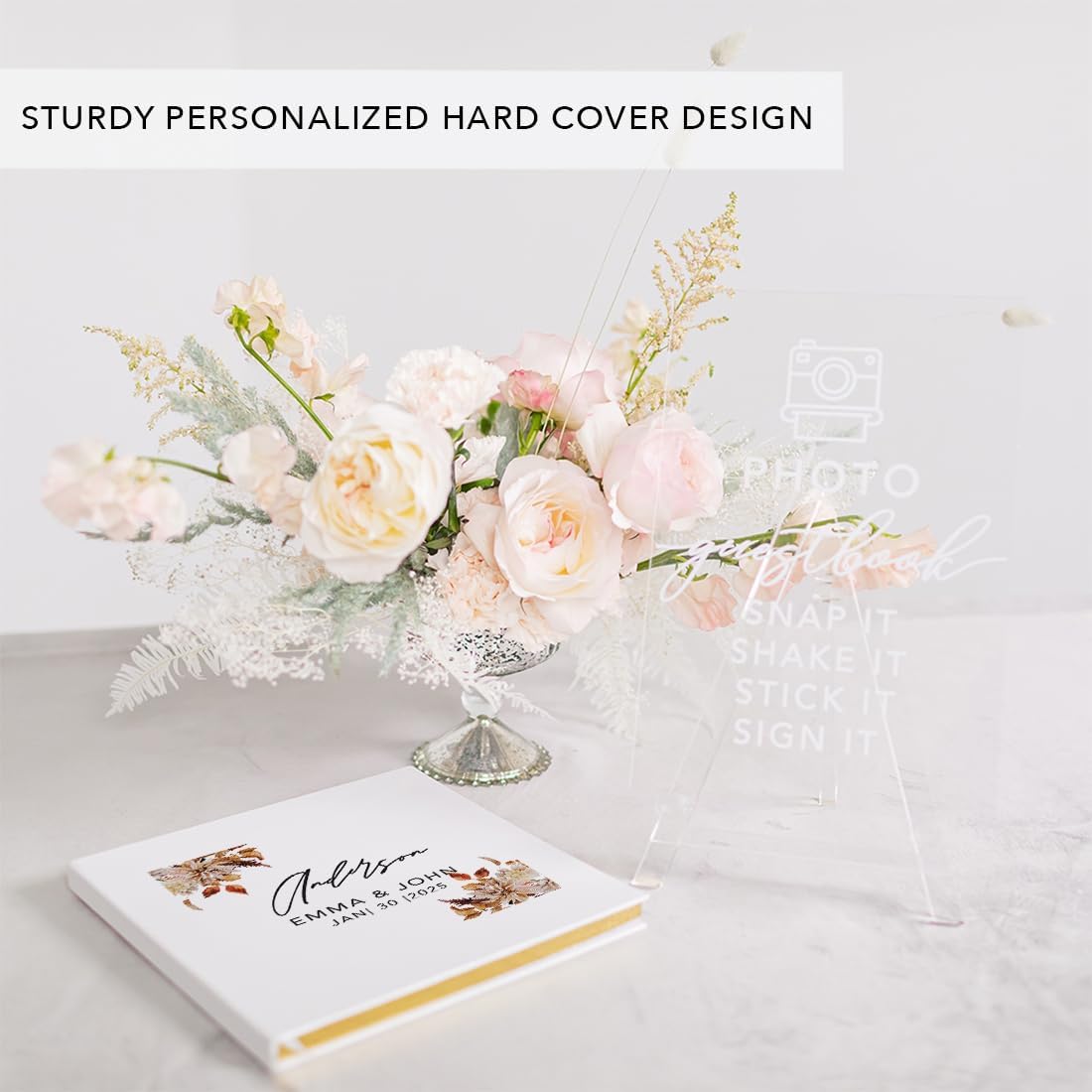 Andaz Press Personalized Wedding Guestbook with Gold Accents, Fall Leaves & Florals Custom Guestbook, White Guest Sign-in Registry, 120 Pages 8.5" X 8.5" Memories Book for DIY Scrapbook Photo Album
