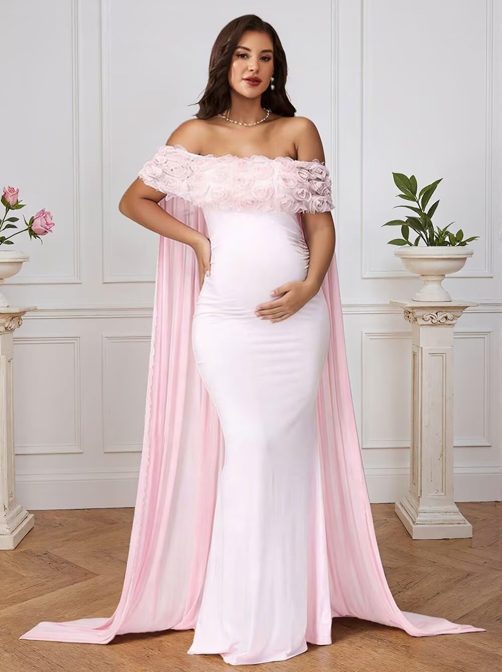 Women's 3D Floral Maternity Dresses for Photoshoot Mermaid Long Off Shoulder Baby Shower Dress with Cape