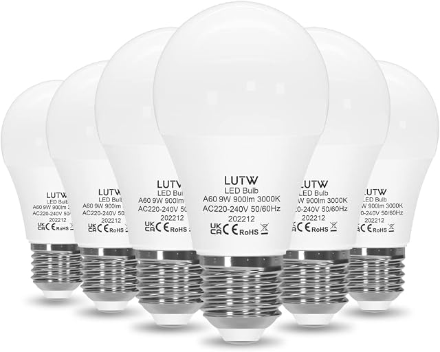 LUTW LED Light Bulbs, E27 Edison Screw Bulbs 60W Equivalent, Warm White 3000K ES Screw in Light Bulb, 9W 900lm Super Bright Energy Saving Lightbulbs for Lamp, Non-Dimmable Pack of 6