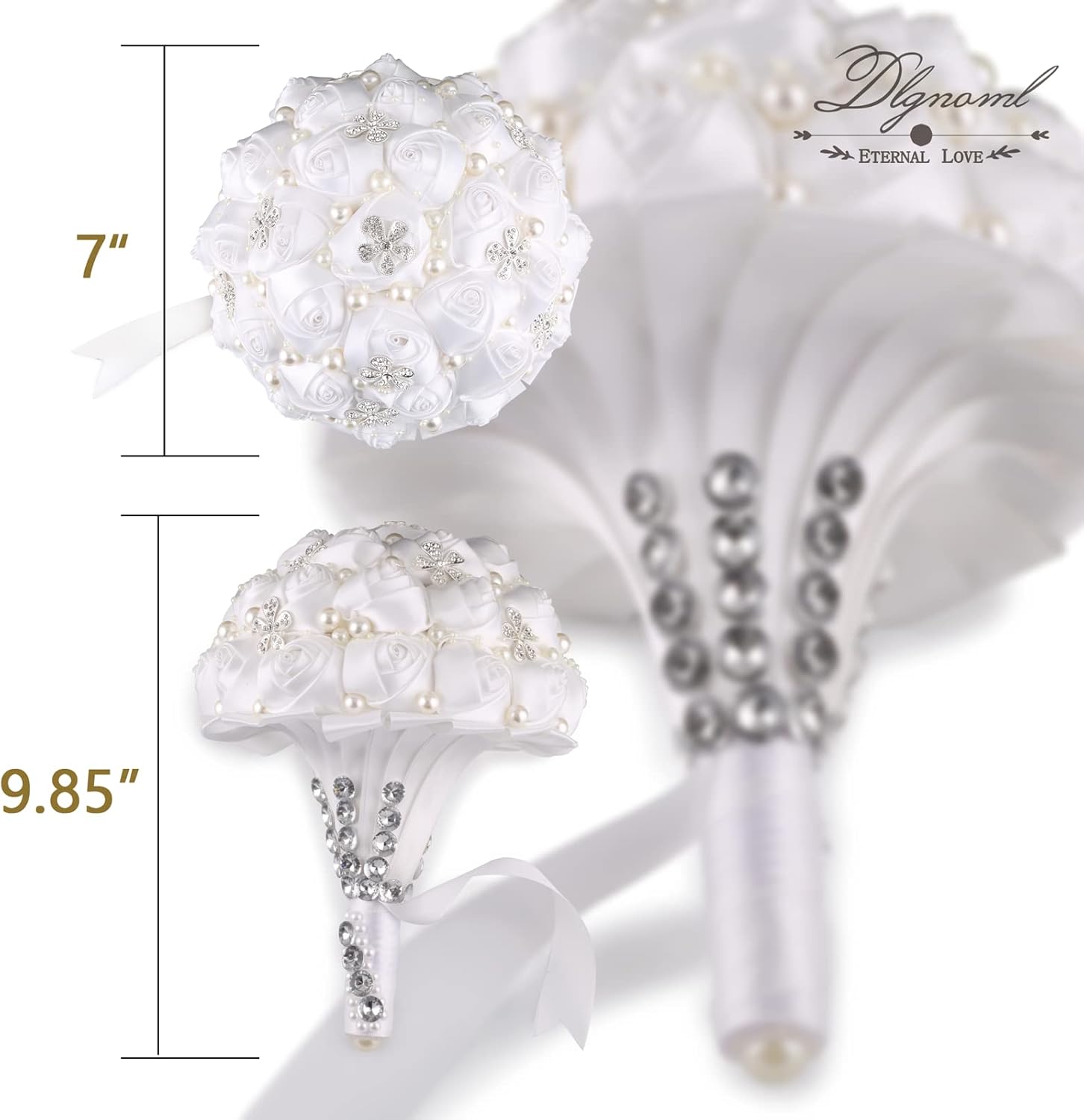 Handmade Wedding Flowers Bridal Bouquets Crystal Bride Holding Bouquet White Ivory Satin Roses with Diamond Pearl Ribbon.(allwhite) - Image 2