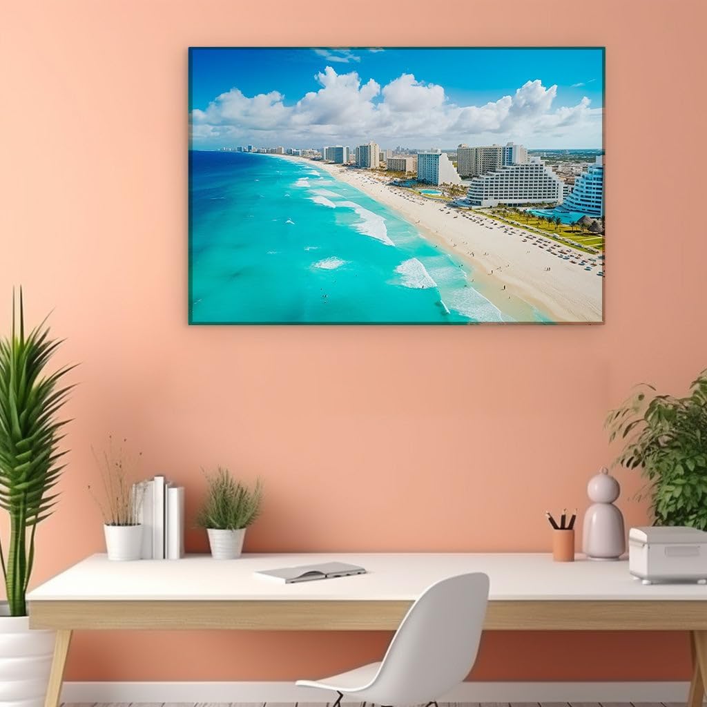 Canvas for Living room. Serenity by the Shore: Discover Your Coastal Haven Amidst White Sands and Azure Waters, 27 x 18 inch Canvas Wall Art - Contemporary Masterpieces - Modern Home Decor