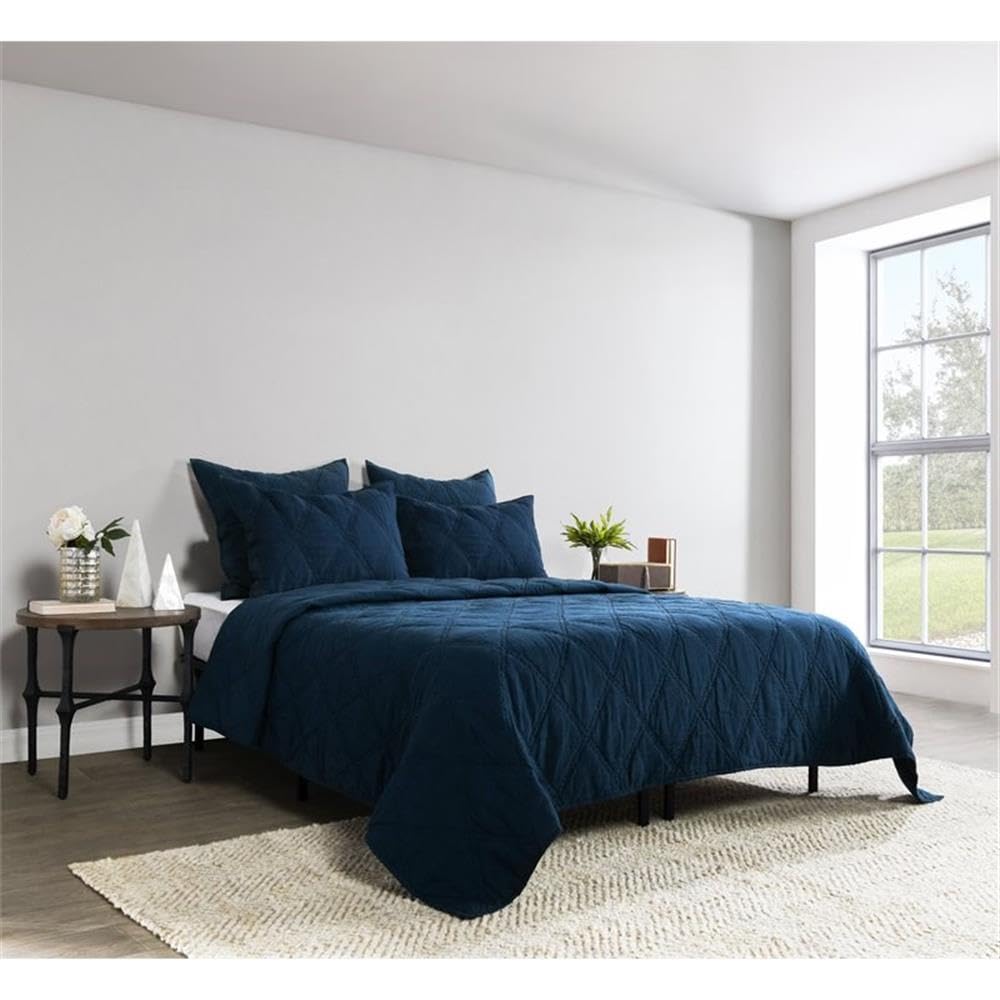 Kosas Home Casi 96x108 Belgian Flax Linen Fabric King Quilt in Midnight Blue