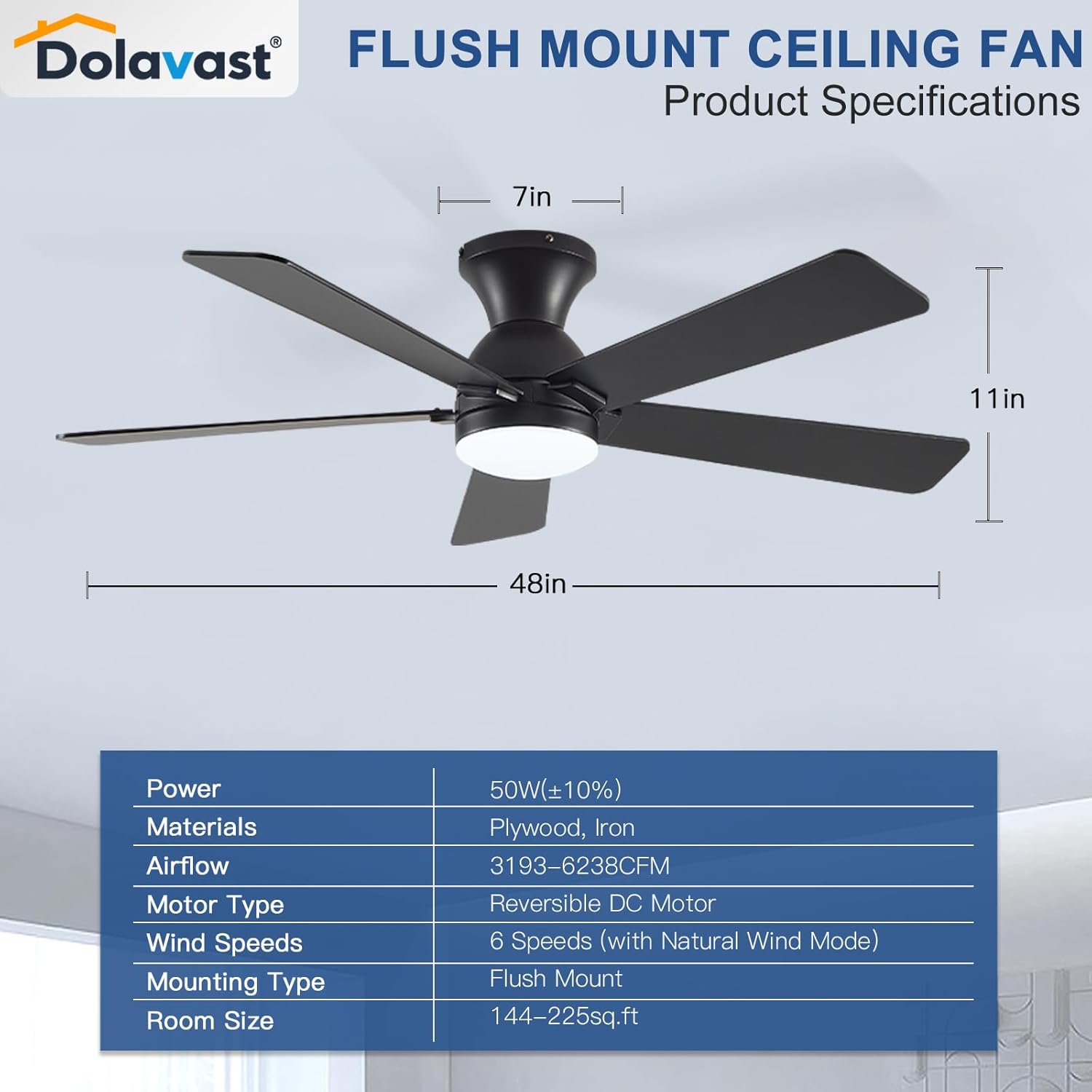 Ceiling Fans with Lights and Remote, 48 Inch Ceiling Fan with Light, Low Profile Reversible Fandelier Ceiling Fan, Dimmable LED, Flush Mount, Quiet DC Motor, for Bedroom Kitchen Dining Room Black 48 inch image 8 of 8 B0F8Q4G2BT