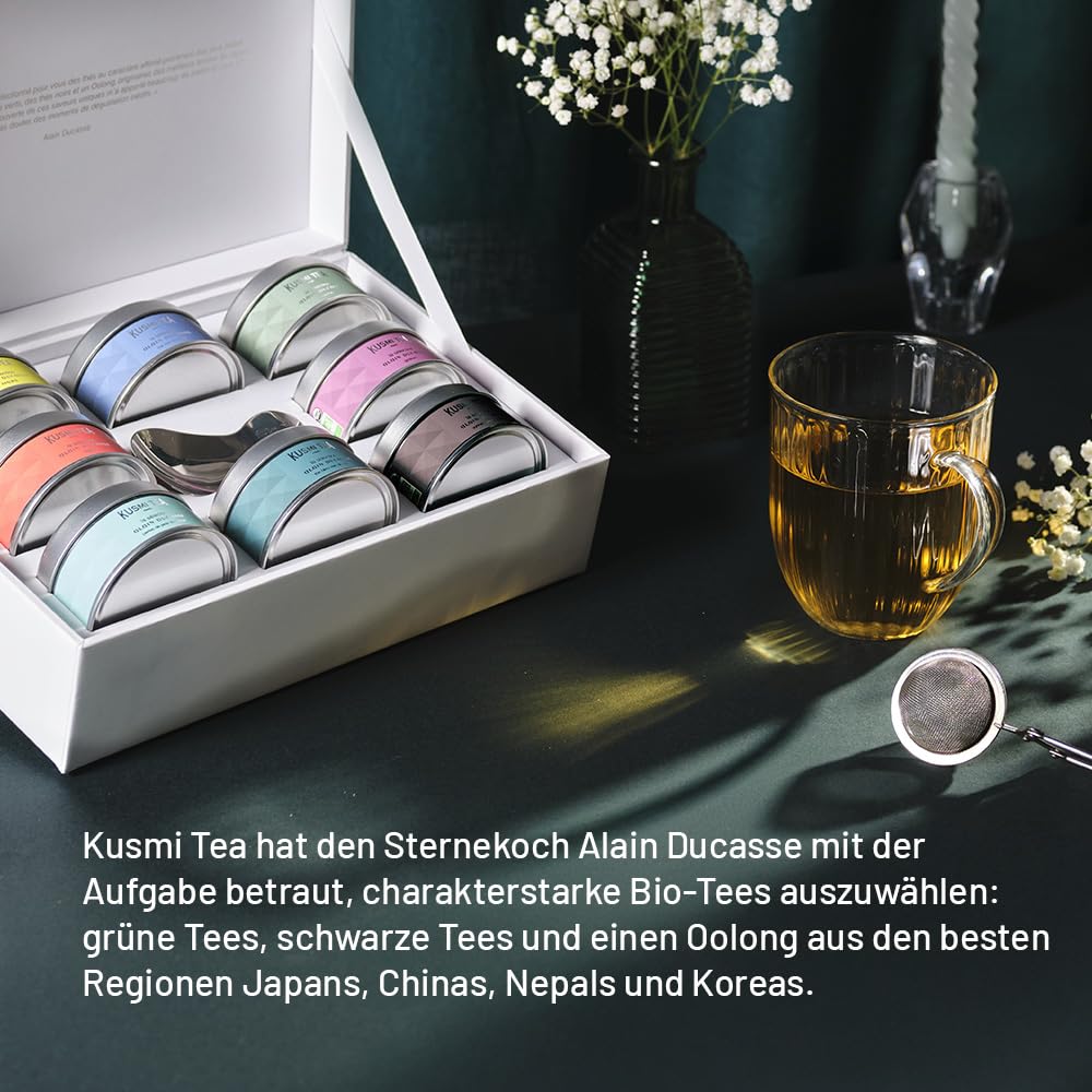 Kusmi Tea - Collection Alain Ducasse - 8 Miniaturen von Asiatischem Naturtee + Teelöffel - Sortiment von Bio-Tees - grüner und schwarzer Tee - Geschenkidee für Männer und Frauen - 8 Dosen zu 25g