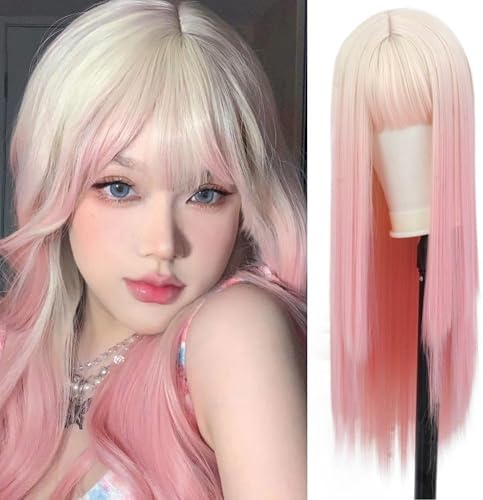 Blonde to Pink Long Wig with Bangs Womens Ombre Pink Straight Hair Wig Heat Resistant Fiber Cosplay Halloween Party Wigs