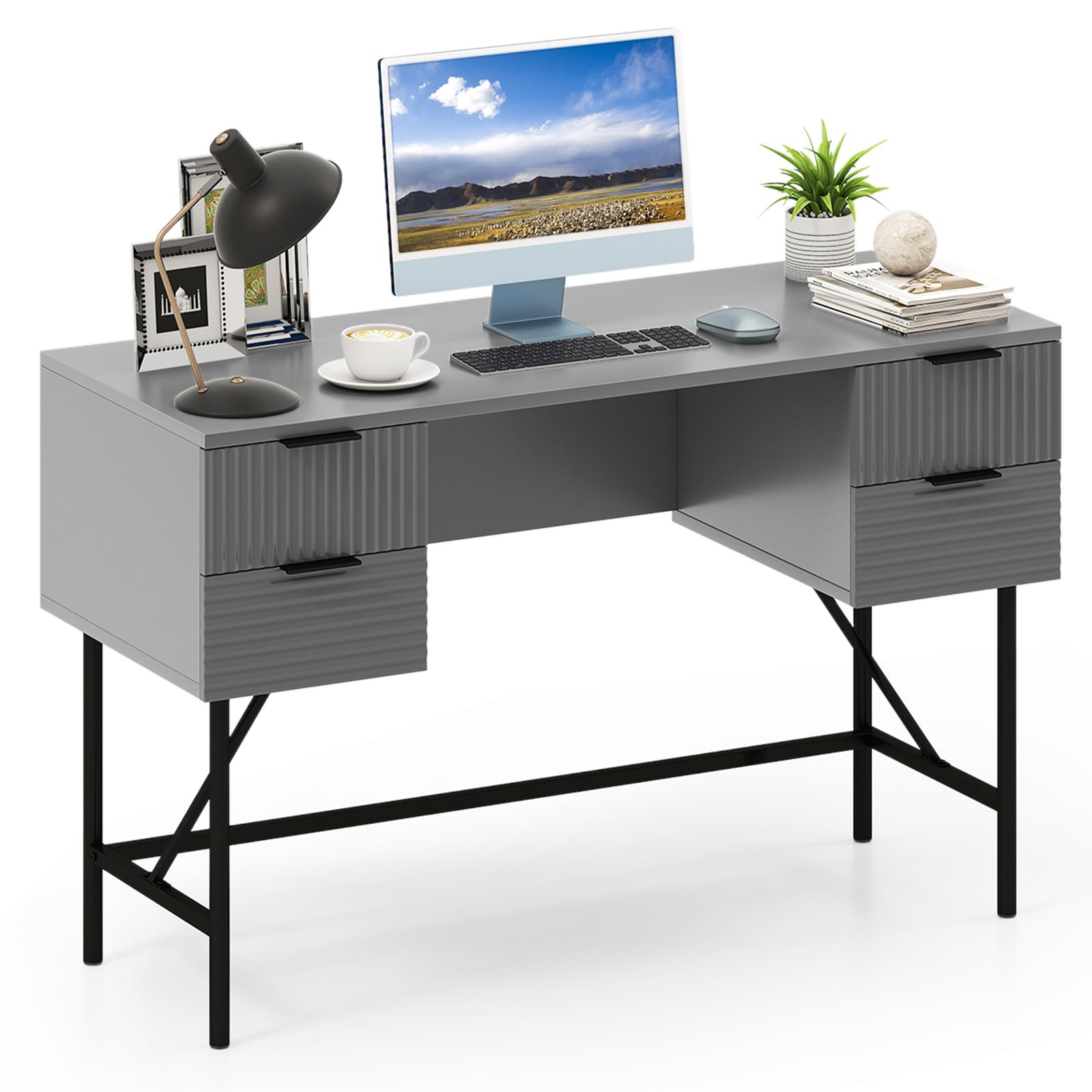 COSTWAY Computer Desk with 4 Drawers, 120cm Home Office Study Table Writing Workstation, Modern PC Laptop Table Working Desk (Grey)