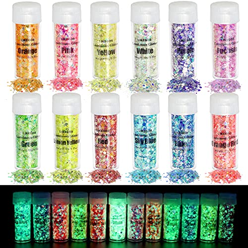 LIKEGOR 12 color Glow In The Dark Glitter, Luminous Iridescent Chunky Glitter for Craft and Party decoration Weddings Cards Flowers, Scrapbooking, Body, Face, Nail, Glitter Slime Making