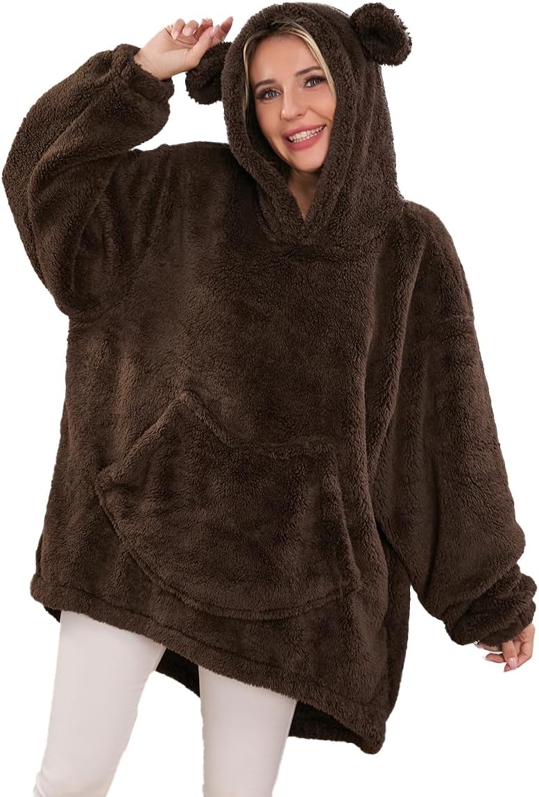 acdiac Fluffy Animal Blanket Hoodie,Unisex Bunny/Bear Ear Sweater Top Plush Shape Home Long Coat Pullover