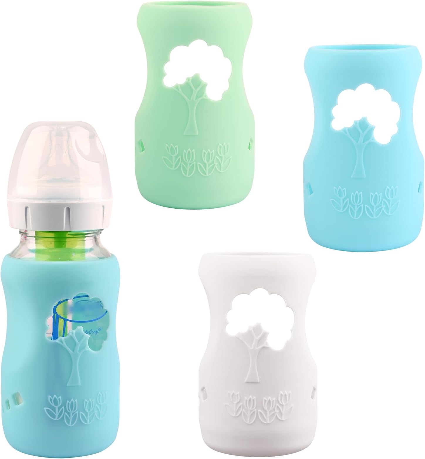 3 Pack Silicone Sleeves for Dr. Brown's Natural Glass Baby Bottles, Anti Breakage Baby Bottle Holder, Compatible Dr. Brown Wide-Neck Glass Baby Bottles 9 oz (White+Blue+Green)