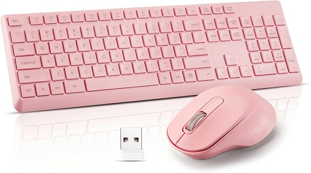 لوحة مفاتيح لاسلكية صامتة ، مجموعة ماوس صامتة لوحة مفاتيح USB فائقة النحافة ، أغطية مفاتيح إسقاط المياه ، 12 اختصارات ، اتصال لاسلكي 2.4 جيجا هرتز لأجهزة الكمبيوتر المحمولة Windows XP / 7/8/10 ، Vista ، Mac Pink