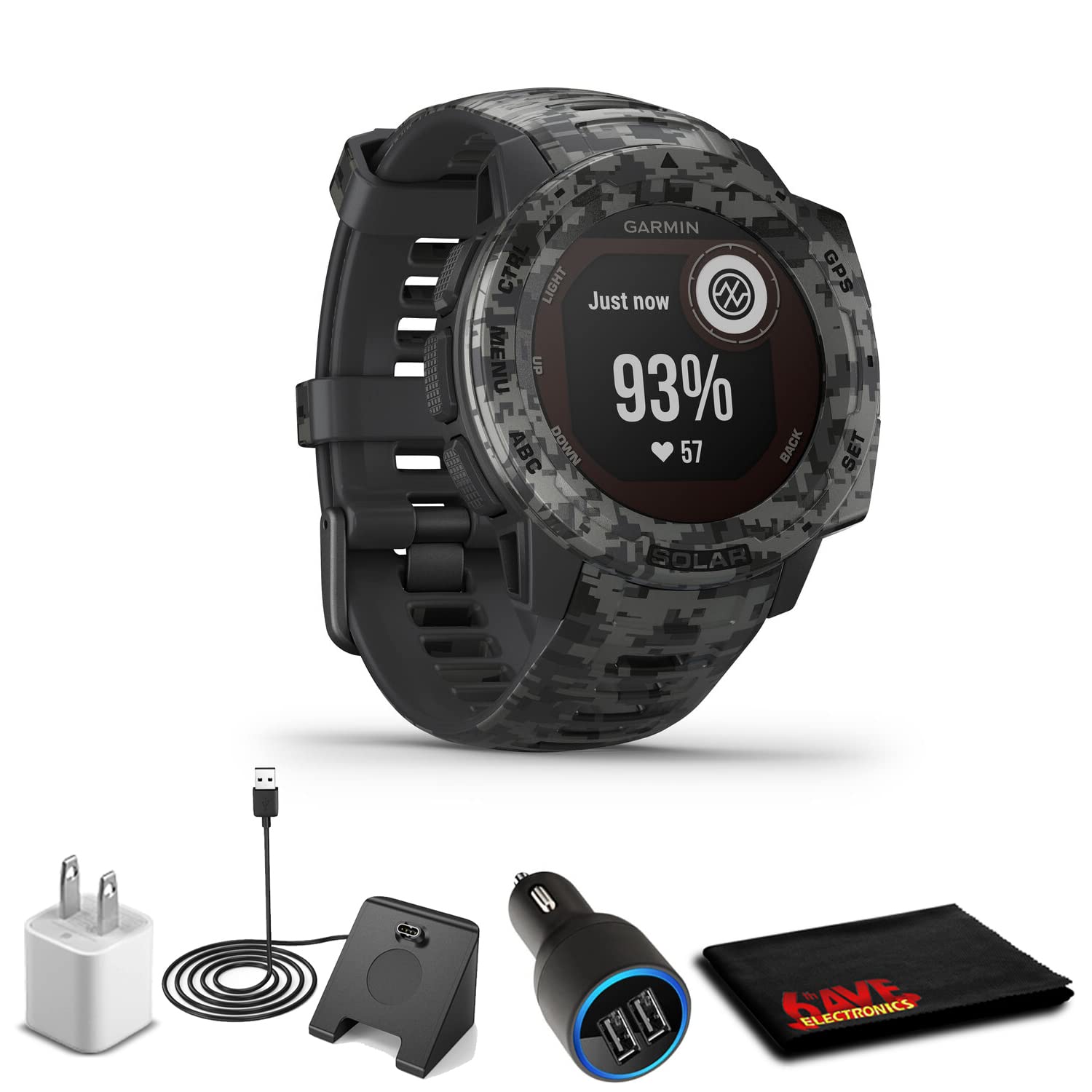Garmin Instinct Solar Sportsman Edition Graphite Camo + USB Adapter Cube + USB Car Adapter + Watch Charging Stand + Fiber Cloth