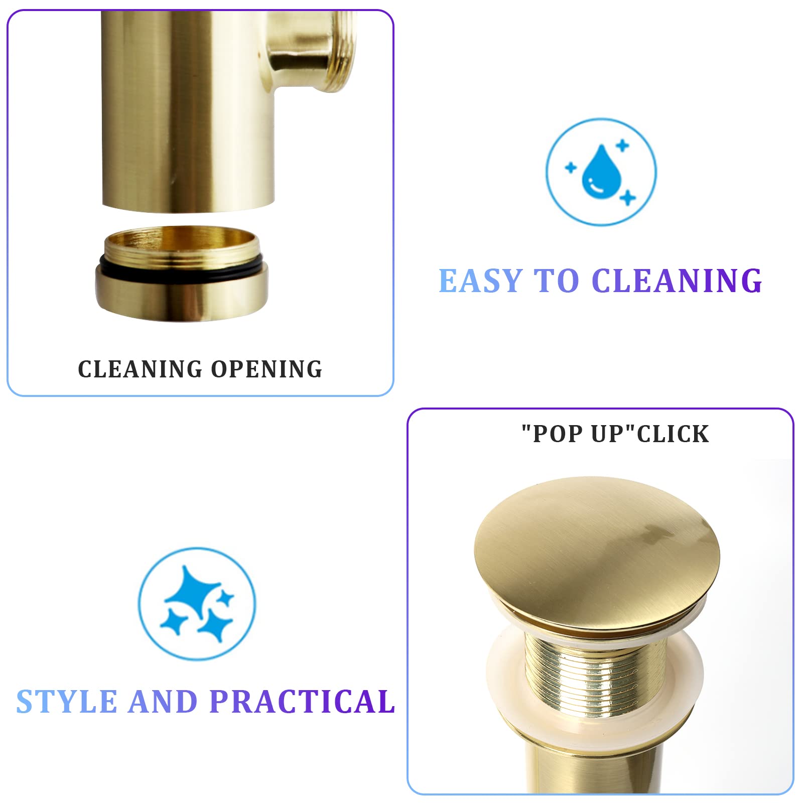 Sifón de diseño con desagüe, válvula desplegable sin rebosadero, sifón universal de latón, trampa para olores de baño con juntas, apertura de limpieza (oro cepillado)
