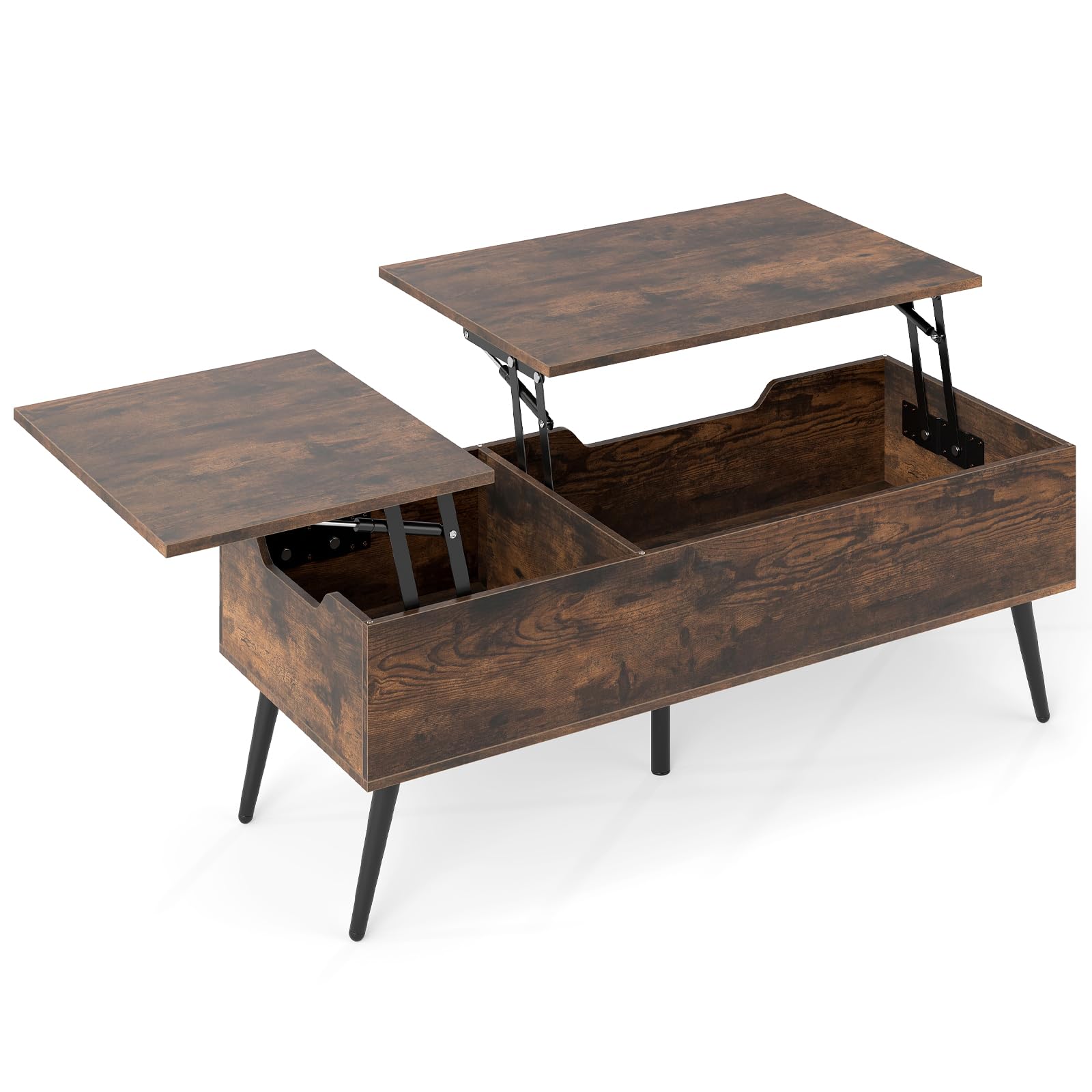 LIFEZEAL Tavolino da Salotto Sollevabile, Tavolino Basso da Caffè, da Soggiorno, Moderno, Salvaspazio, in Legno, con Piano Elevabile, Gambe in Metallo, Contenitore, 2 Scomparti, 110,5x48x40cm, Marrone