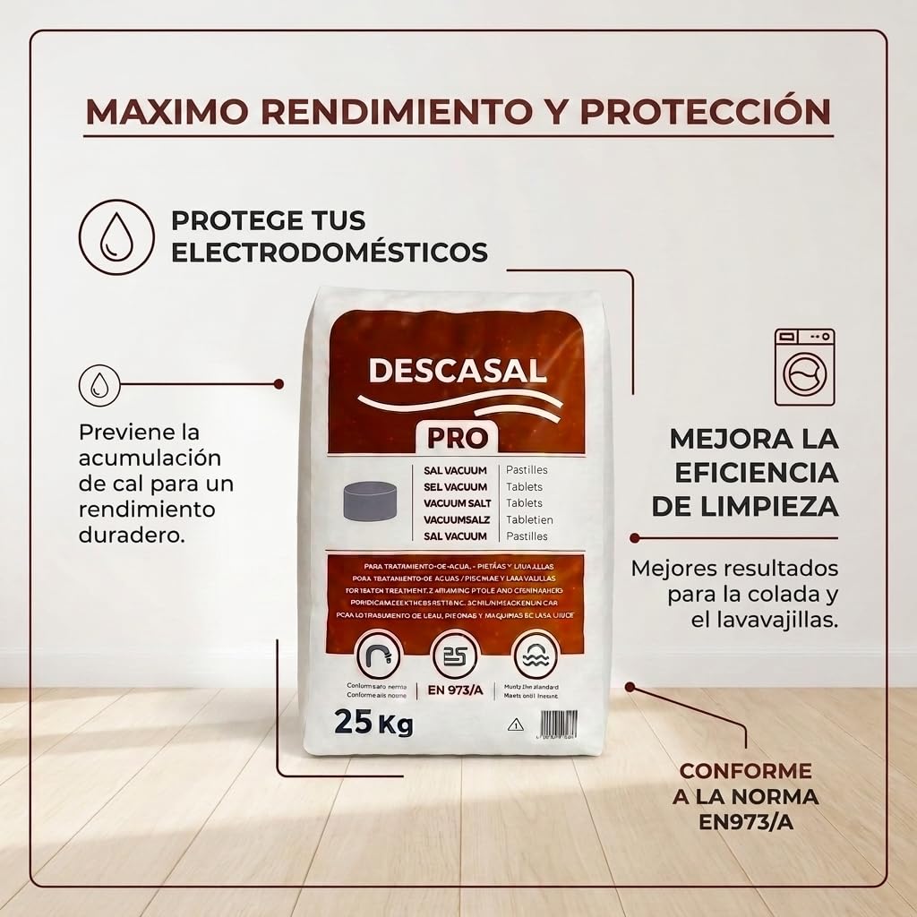SAL DESCALCIFICADOR 25 KG | SAL NATURAL EN PASTILLAS PARA DESCALCIFICADOR I SACO 25kg | RENDIMIENTO MAXIMO Y DISOLUCION PROGRESIVA.