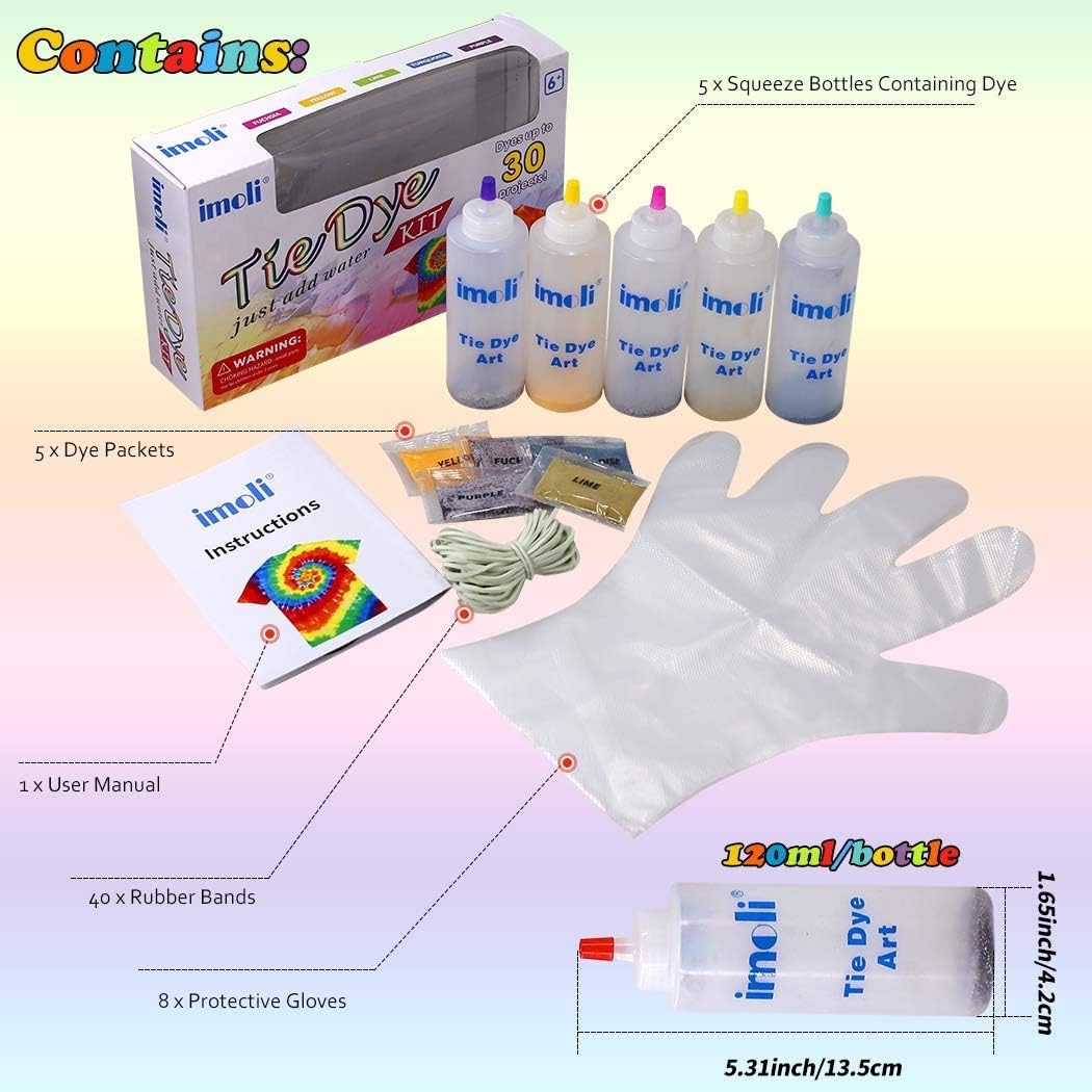 imoli Tie Dye Kit 5 Colors Large Tie Dye Kits for Kid 120ml Fabric Dye Art Set Tie-Dye Kit Fabric Dye Paints Supplies for Craft Arts Fabric Textile Party Handmade Project Tie Dye Party Kit for Adults