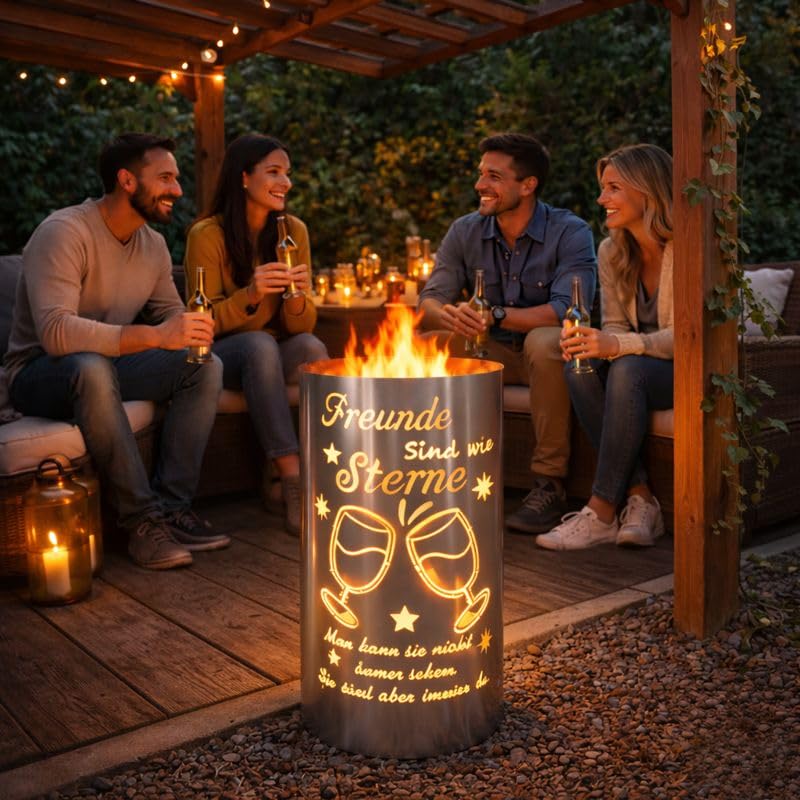 Feuertonne aus Stahl mit Spruch Freunde sind wie Sterne