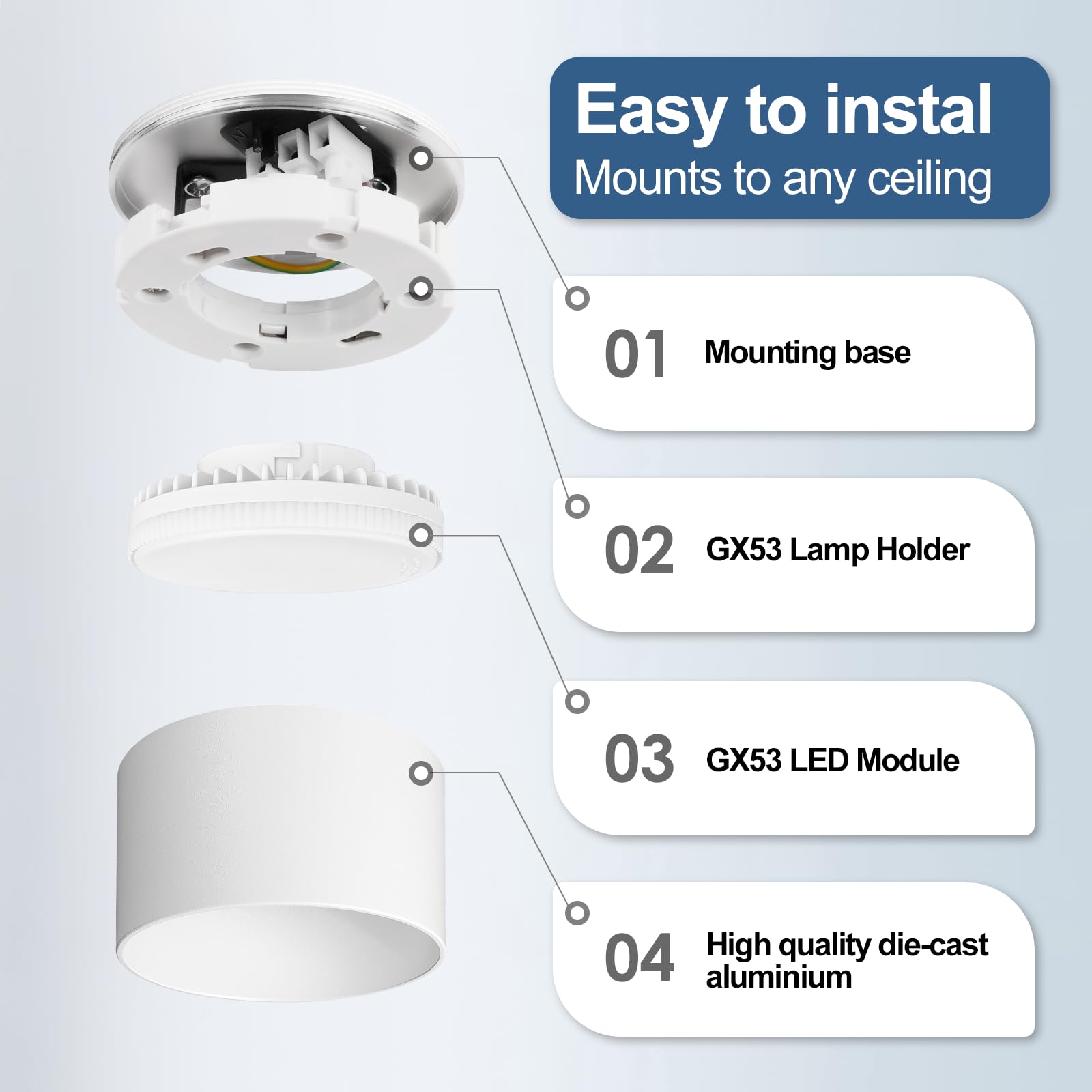 GeyouLux 4x Faretti LED Soffitto - Ø84x50mm - 6W 680LM Faretto LED Interno - 4000K LED GX53 230V Incluso - Angolo del fascio di 180° - Alluminio Lampada da Soffitto (Bianco)