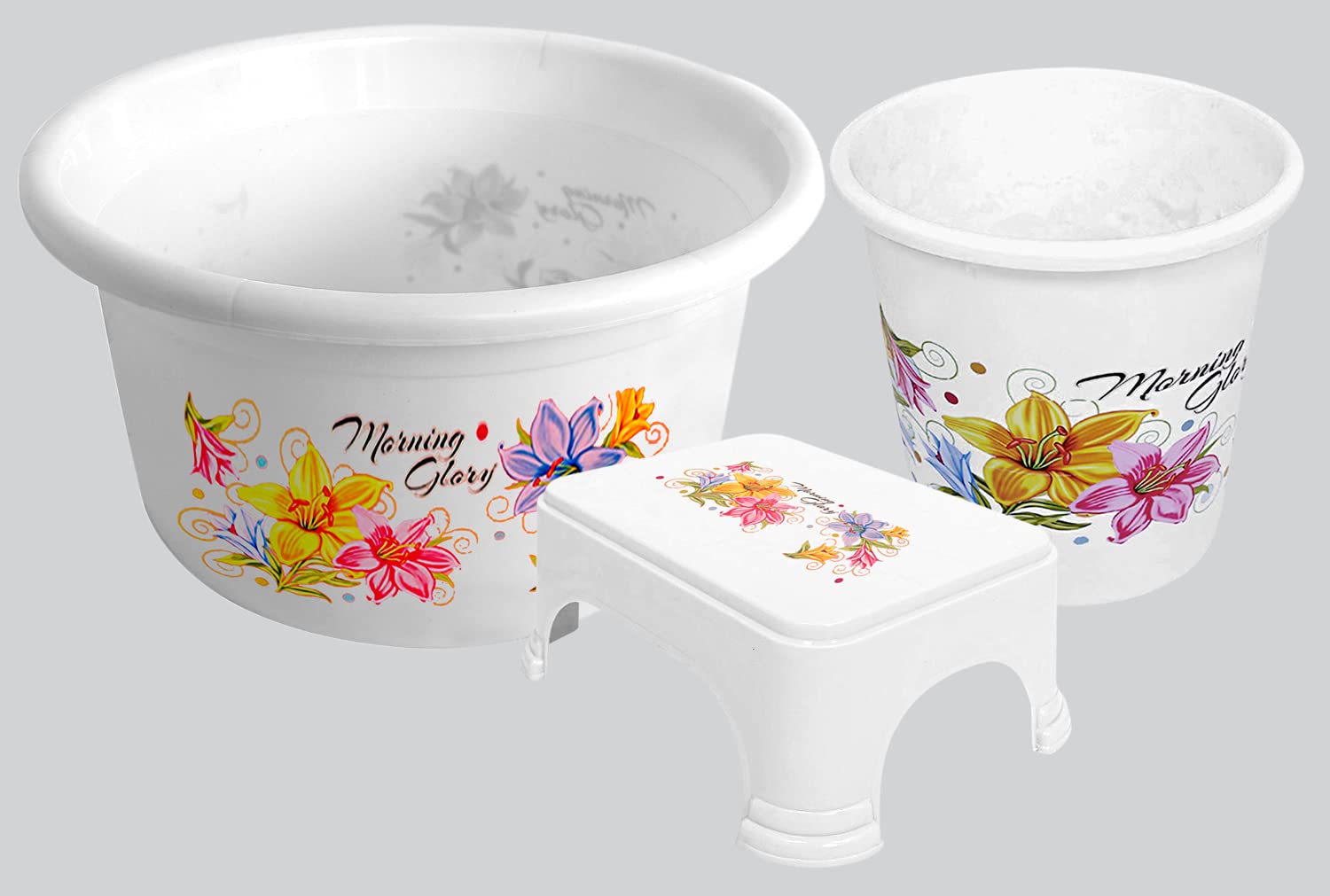 Kuber Industries Printed 3 Pieces Plastic Tub, Dustbin & Stool Set (White) (B097ZWNQNC) Amazon Price History, Amazon Price Tracker