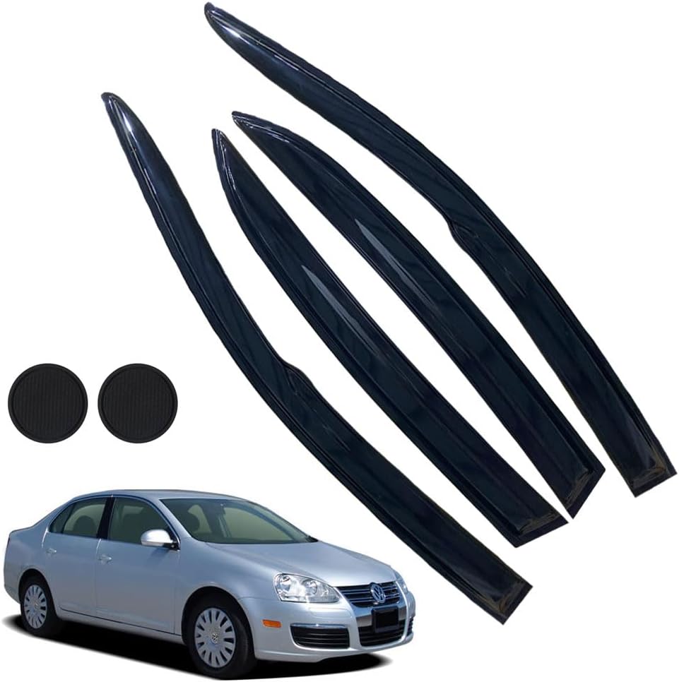 Rain Guards for Volkswagen VW Jetta 2006-2010, Tape-on Side Window Deflectors for Volkswagen Jetta, Window Visors for Volkswagen Cars, for Volkswagen Car Accessories 4 Rain Guards ＆ 2 Car Coasters For Volkswagen Jetta 2006-2010