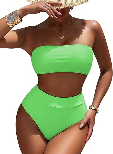 Pink Queen Women's High Waist Bikini Set Removable Strap Bandeau Two Piece Swimsuit Bathing Suit - 70% off