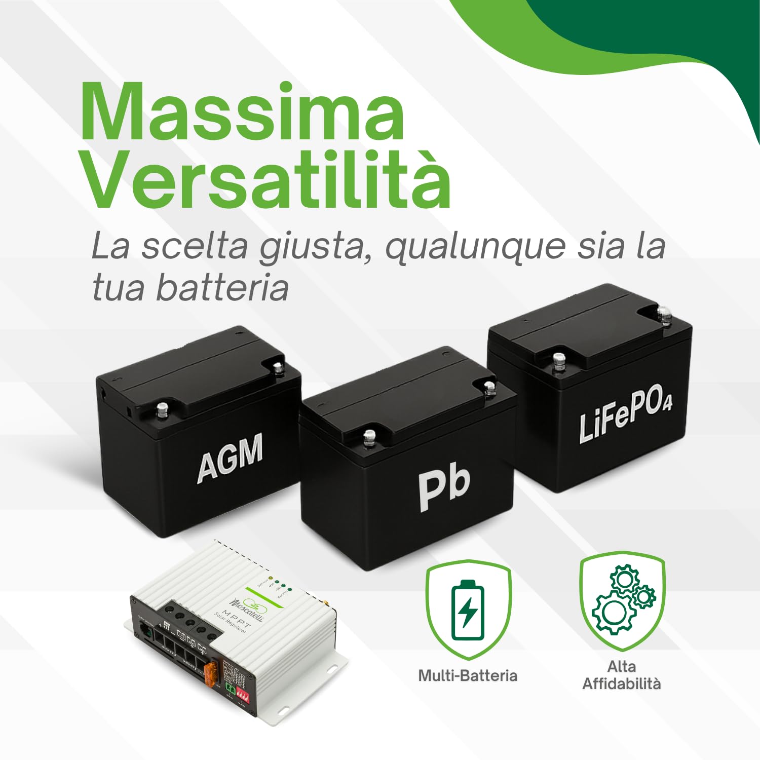 Regolatore di Carica MPPT 25A 12V per Pannello Solare 350Wp con Bluetooth – Gestione 2 Batterie Servizi + Motore – Compatibile AGM, Pb, LiFePO₄ – Fusibile Esterno e Protezioni – MOSCATELLI