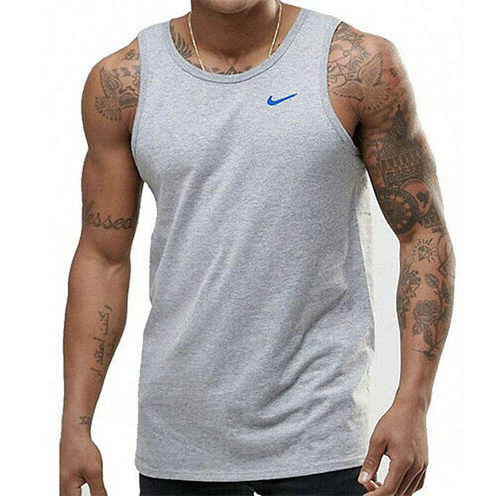 NIKEmen's grey swoosh logo cotton muscle fit sleeveless sports vest (Small)