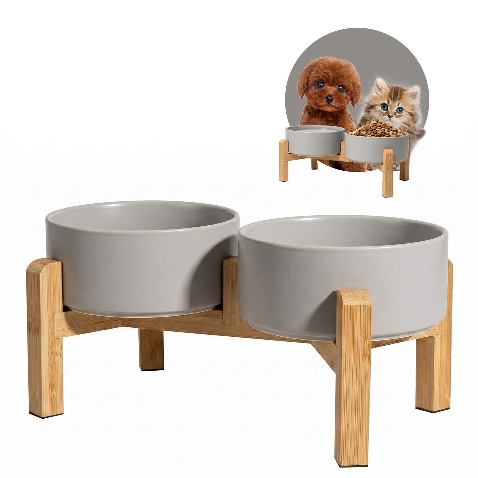 Elevated Ceramic Dog Bowl Set - Raised Dog Bowls with Non-Slip Bamboo Stand - Dog Food and Water Bowl Set - Double Dog Feeding Bowls - Pet Dishes for Cats and Small Dogs - 16.23 OZ - 2 CUPS - 480 ML