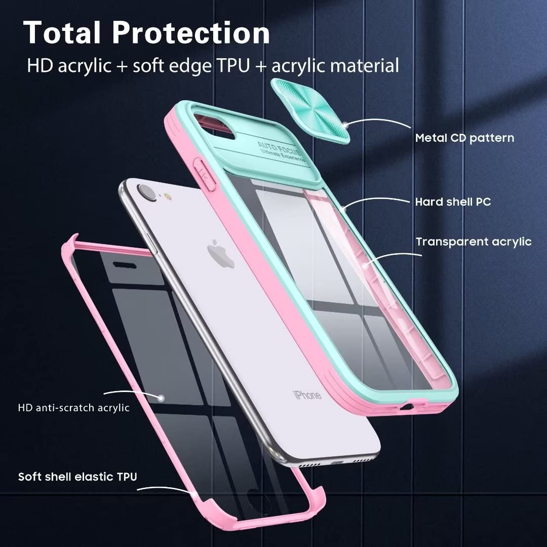 Custodia FMPCUON 3 In 1 Per IPhone 7 Plus/8 Plus | Cover Scorrevole Per Fotocamera | Trasparente Con Dettagli Viola-Giallo | Antiurto