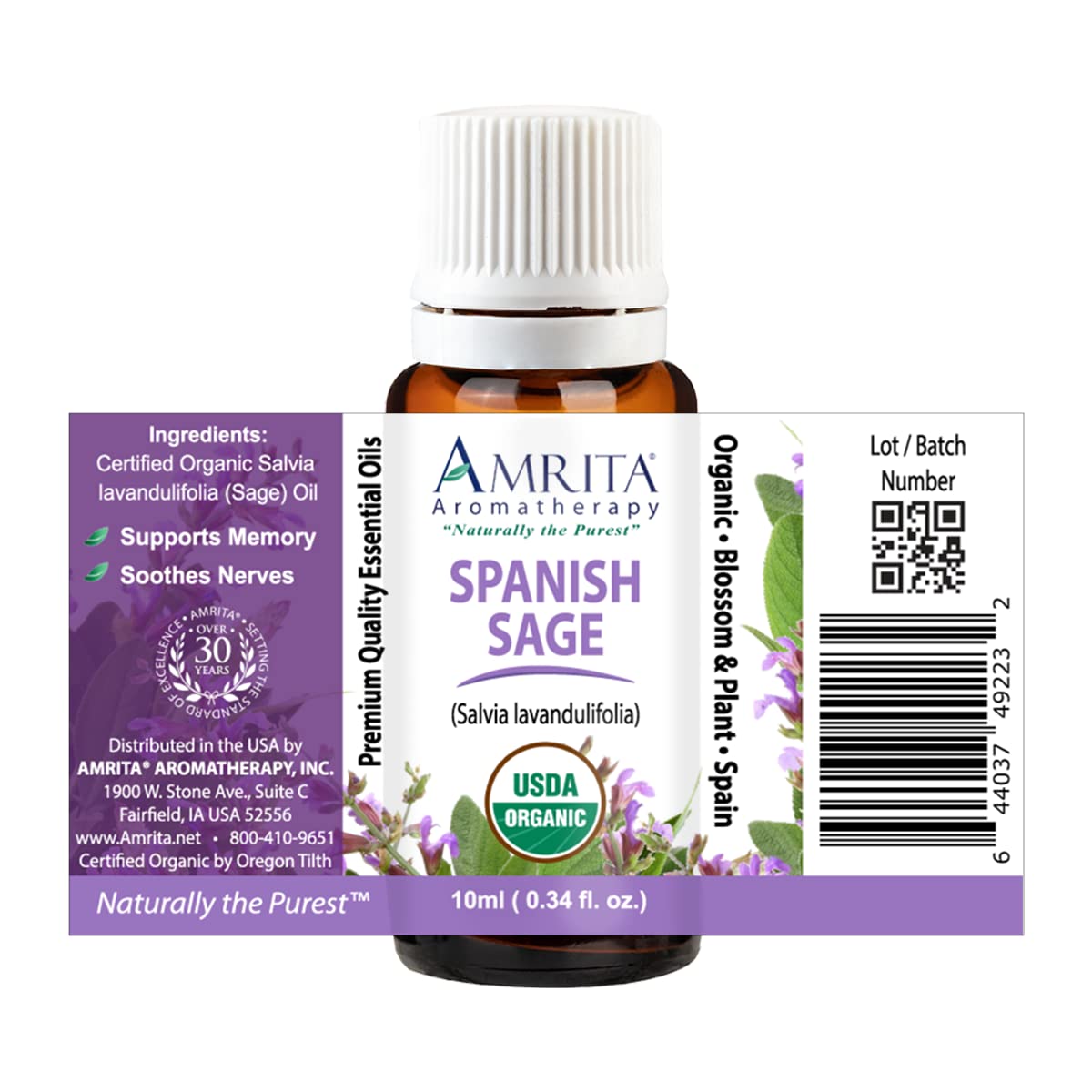 Spanish Sage Essential Oil, 100% Pure Undiluted Salvia Lavandulifolia, Premium Aromatherapy Oil, Tested and Verified, USDA Organic, 10ml