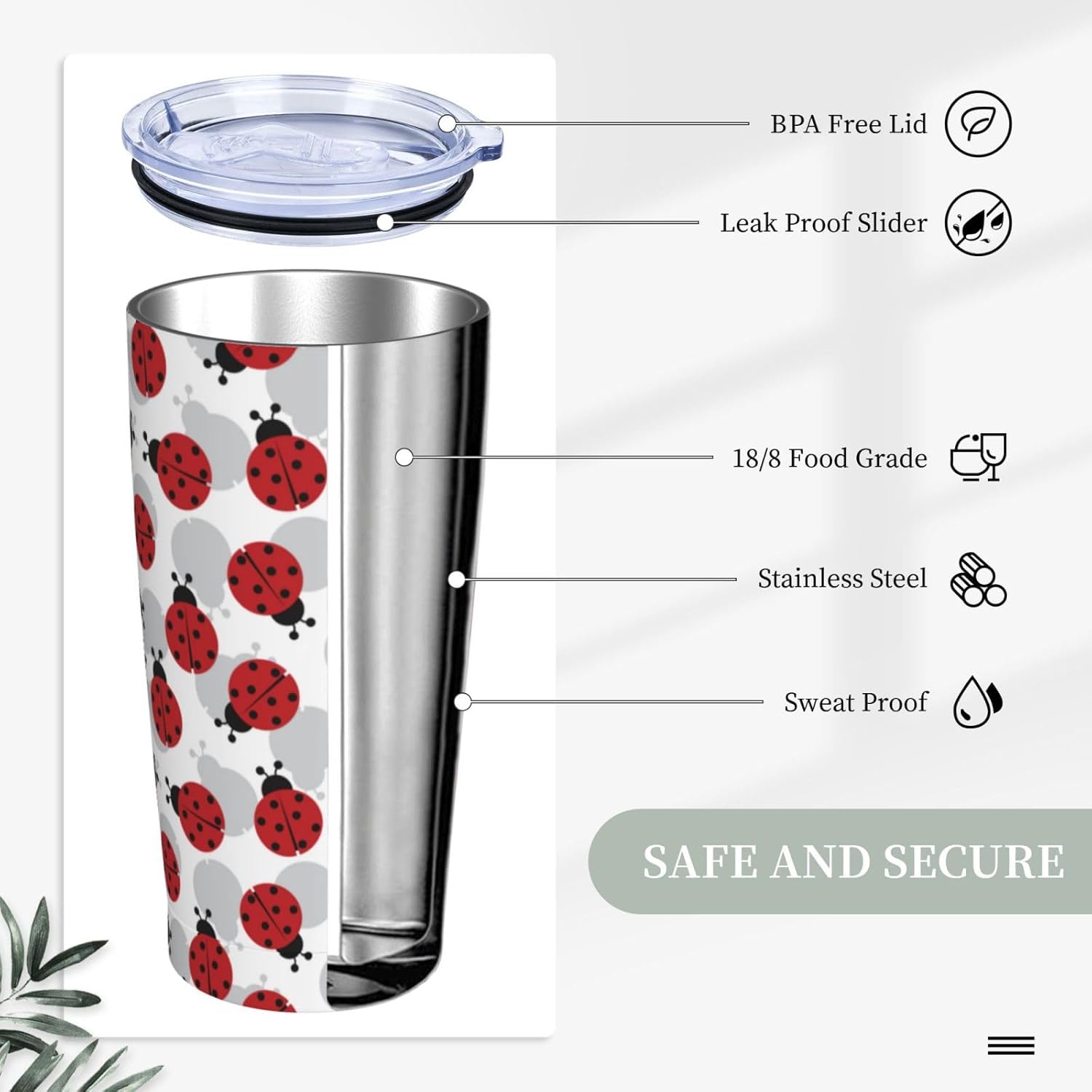 Ladybugs Tumbler 20oz Ladybug Stainless Steel Insulated Tumblers with Lid and Straw Ladybug Travel Coffee Mug Tea Wine Cups Water Bottle Ladybug Gifts for Women - Image 4