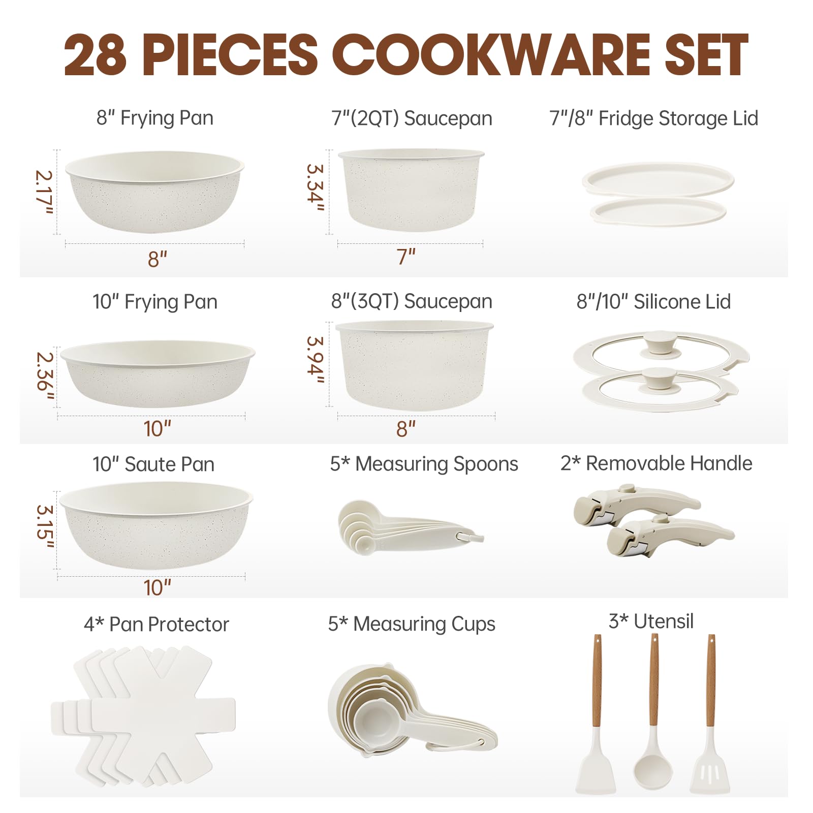 Wiztoynia 28Pcs Pots and Pans Set Non Stick, Cookware Set Detachable Handle, Space Saving Pots Set, Induction RV Kitchen Cooking Set, Oven Safe, Stackable Nonstick Set with Frying Pans, Cream White