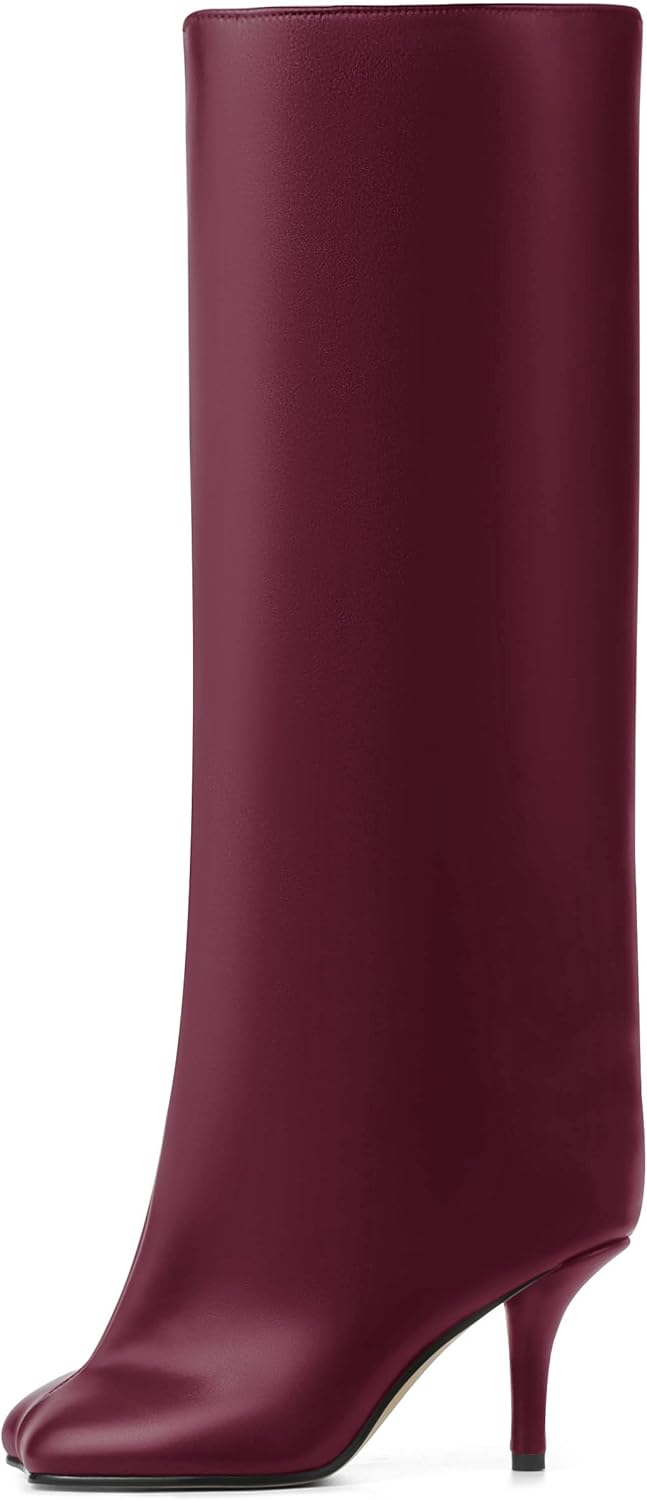 Women's Knee High Boots Nude Suede Wide Calf Stiletto Long Boots Pull On High Heel ... - Image 4