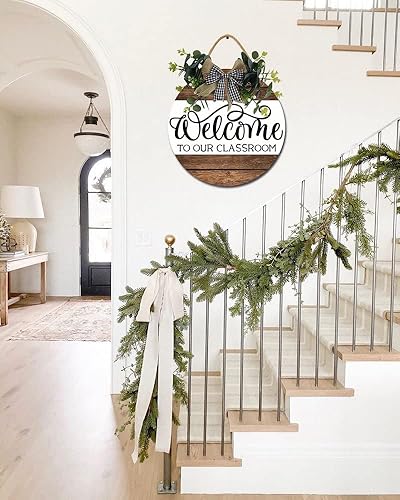 Miniatura 7 de Letrero de puerta delantera con texto en inglés "Welcome To Our Class" para puerta delantera, coronas divertidas, decoración de madera rústica,