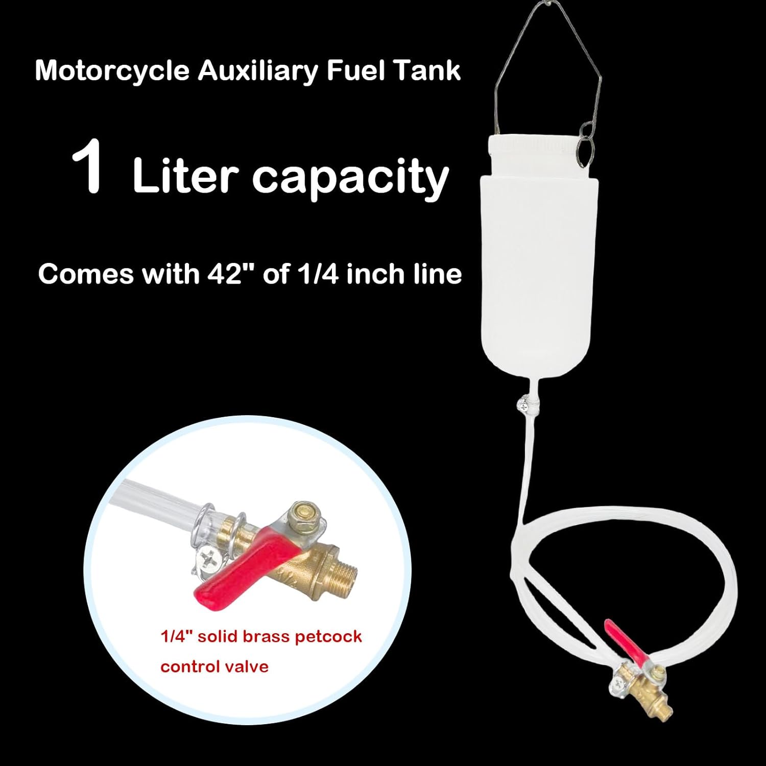 Auxiliary Gas Fuel Tank Universal Motorcycle Gas Tank Repair Tool Kit Auxiliary Fuel Tank 1L with Fuel Hose,Cut Off Valve and Lid with Air Outlet