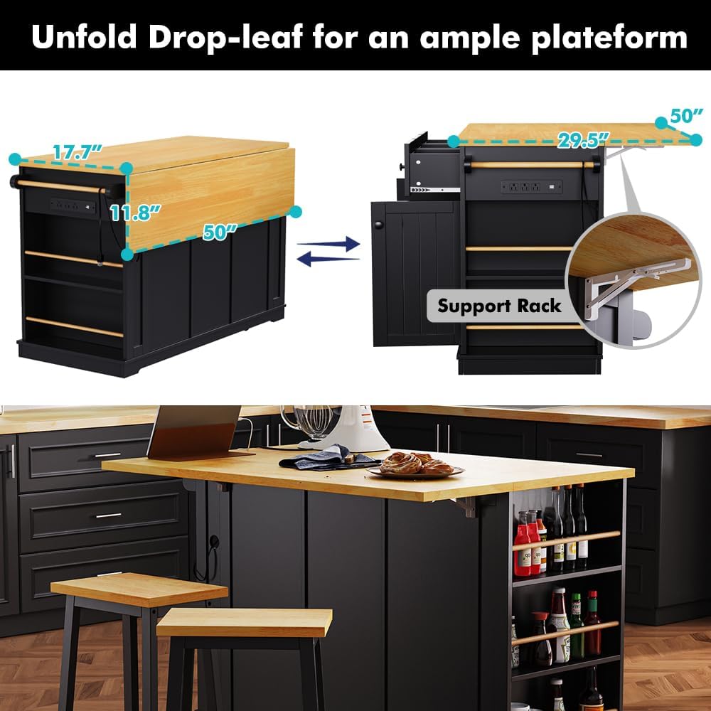 Rolling Kitchen Island with 2 Bar Stools, Kitchen Cart on Wheels with Drop Leaf, Mobile Kitchen Storage Cart with Power Outlet, 53 Inch Width (with 2 Bar Stools: Black)