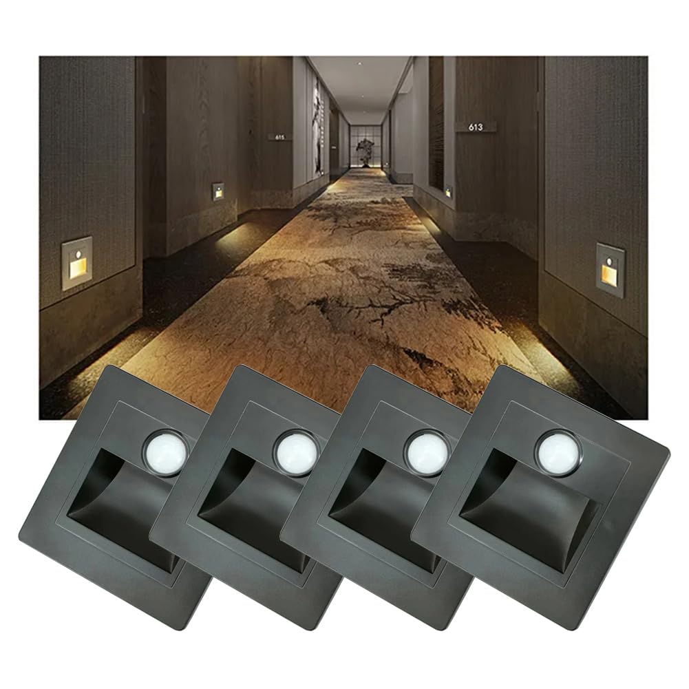 Opaeroo 4Pcs Motion Sensor Stair Lights 3W Recessed LED Step Light 3000K Indoor Stair Step Wall Lamp Staircase Bedroom Decoration 4Pcs Black
