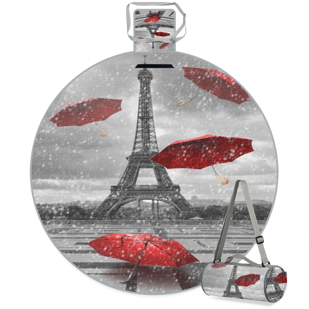 Shimoshe Red Umbrella Eiffel Tower Picnic Outdoor Blanket Foldable Waterproof Sandproof Beach Blanket Portable Water-Resistant Round Picnic Mat for Travel Camping Park Lawn