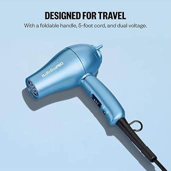 BaBylissPRO Nano Titanium Travel Hair Dryer, 1000 Watt Professional Blow Dryer with Concentrator Nozzle, Foldable Handle, Dual Voltage
