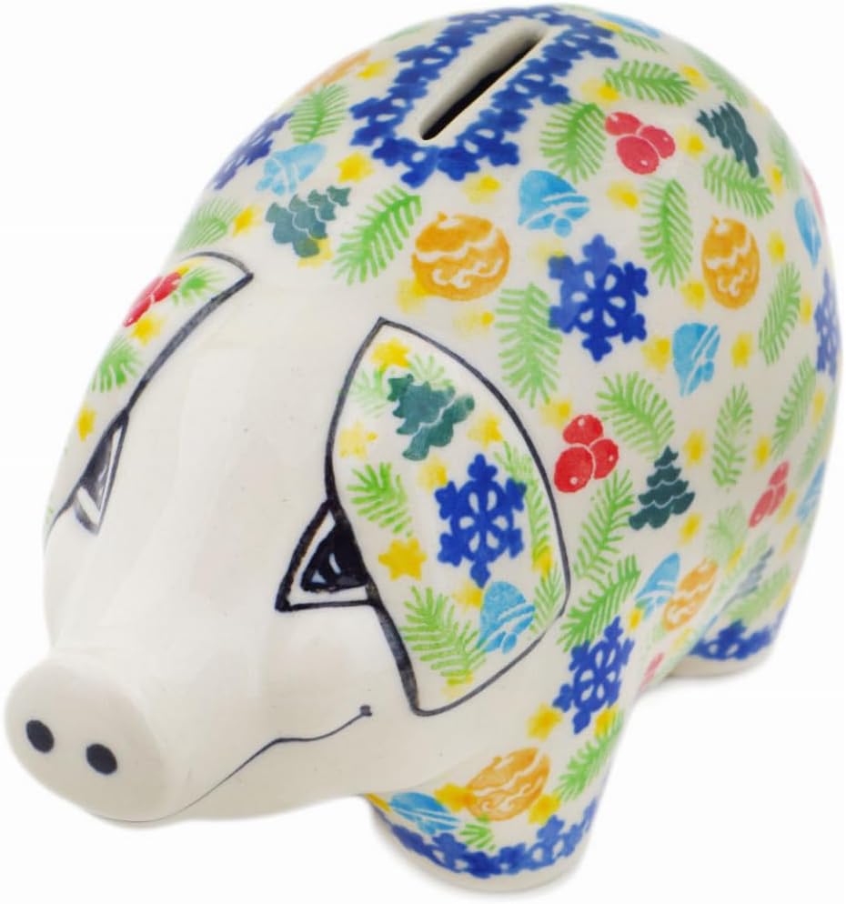 Polmedia Polish Pottery Piggy Bank UNIKAT - Winter Sprinkles Pattern Handmade in Boleslawiec Poland by Ceramika Artystyczna + Certificate of Authenticity