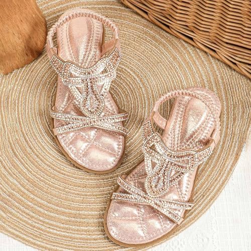 Girls Bohemian Rhinestone Sandals Kids Summer Beach Wedding Crystal Open Toe Flats Sandal with Elastic Ankle Strap2
